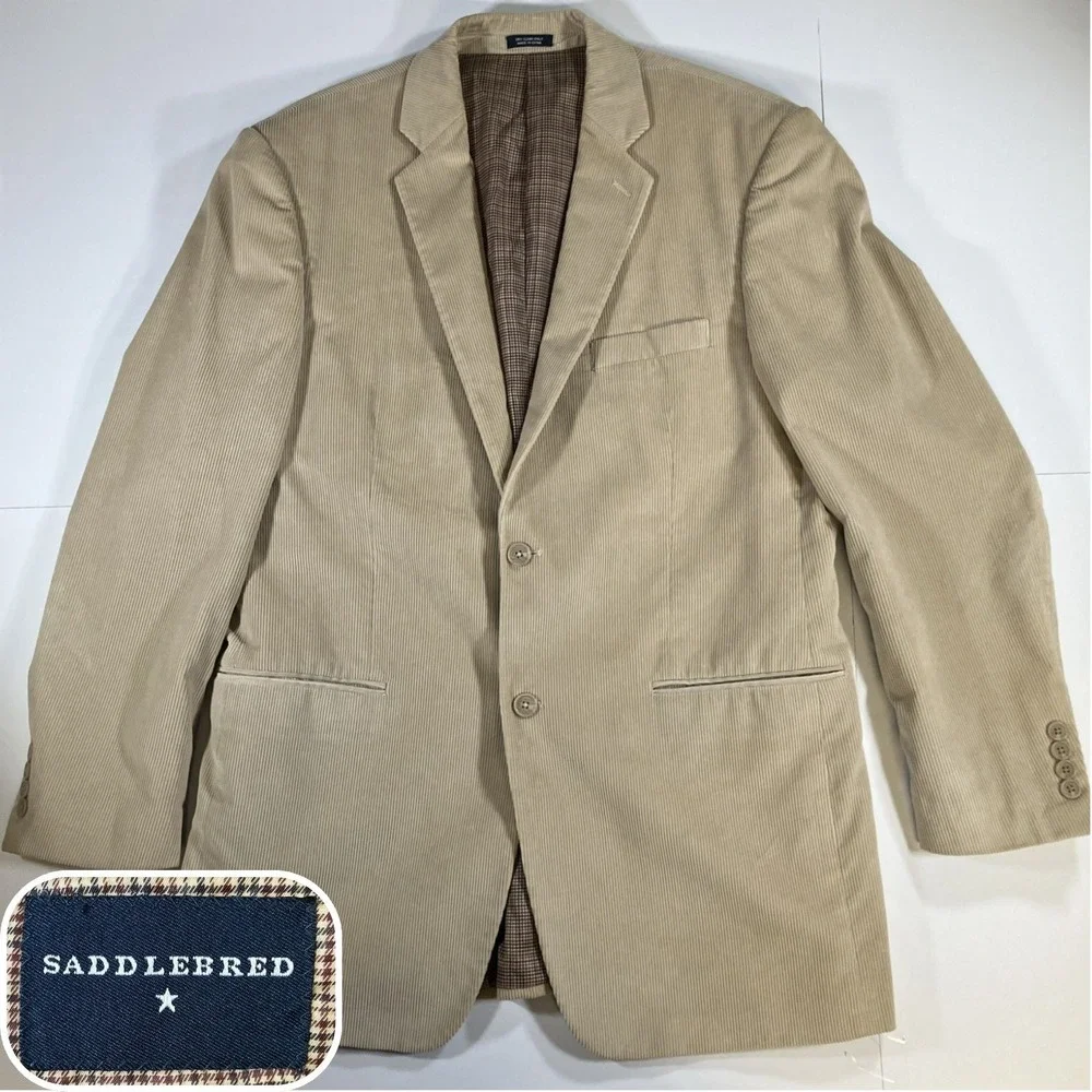 Saddlebred Mens 42L Beige Corduroy Blazer Sport Coat Cotton Jacket Long